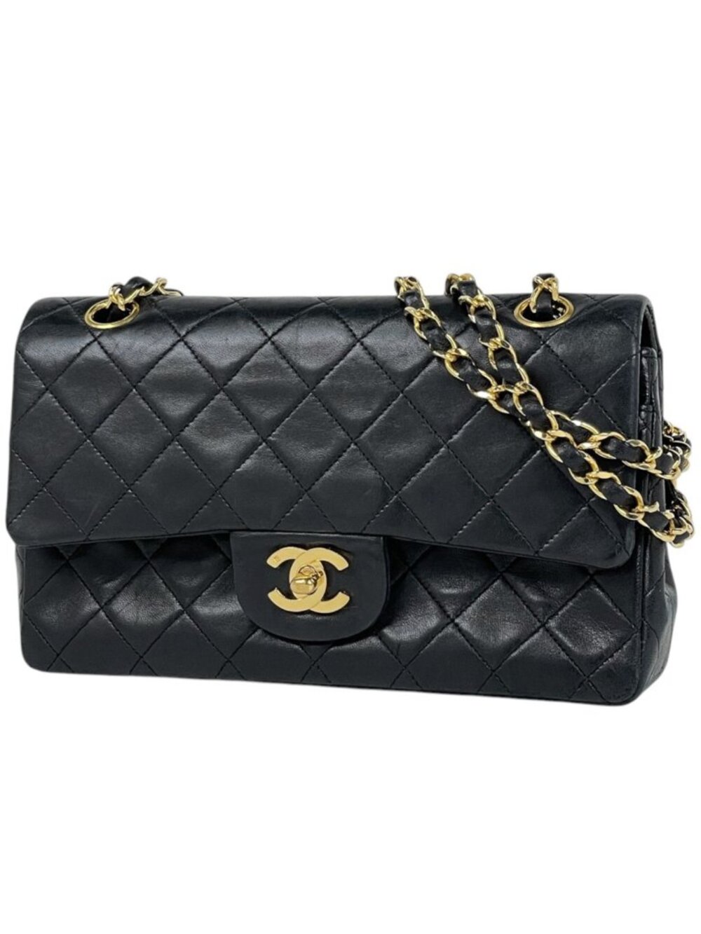 Chanel Shoulder Bag Quilted Double Flap CC Logo Leather Black